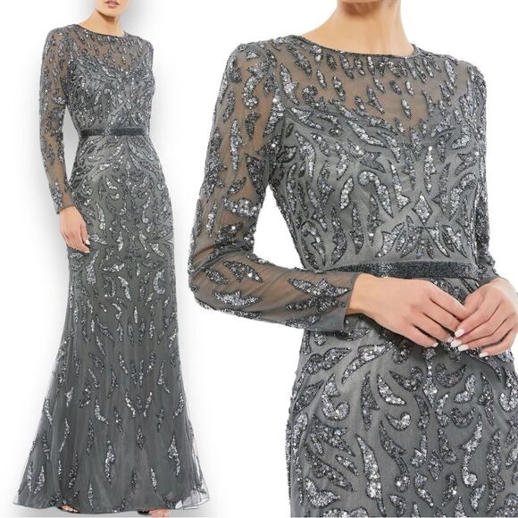 Mac Duggal Dress 8 Beaded Long Sleeve Evening Gown 5124 Sheer High Neck Elegant - Picture 1 of 10